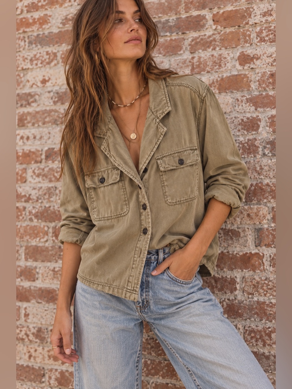 Free People Olive Utility Button-Down Cotton Shirt Jacket
